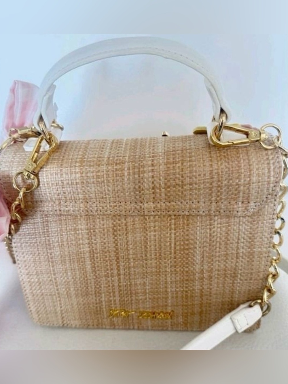 Top-Handle Floral Embellished Straw Satchel in Natural with Pastel Flowers - Picture 8 of 9